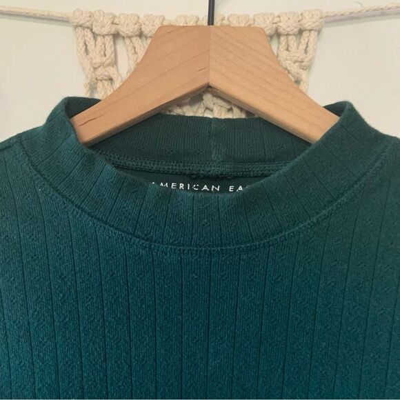 AMERICAN EAGLE Cotton Long Sleeve Mock Neck Cropped Top Forrest Green Size Small - Picture 4 of 9